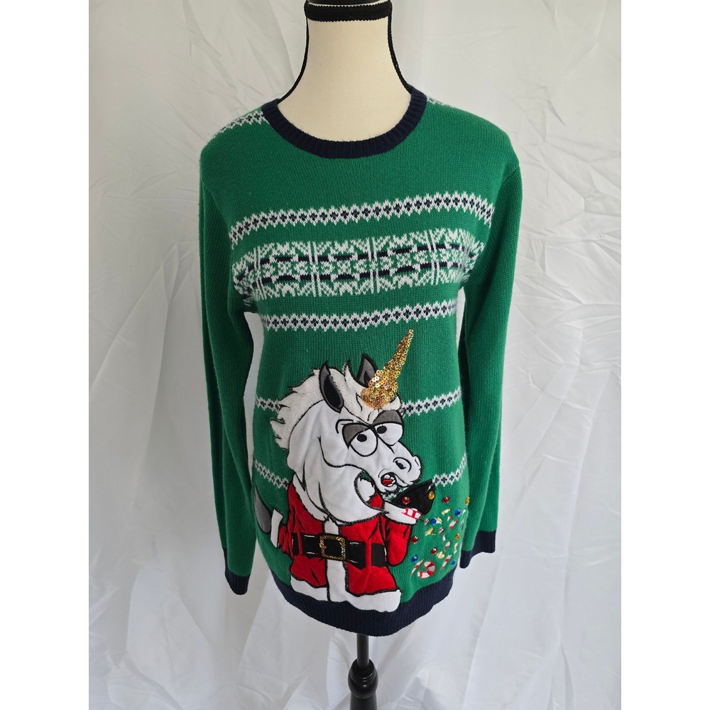 Jolly‎ Sweaters Green Unicorn Santa Ugly Christmas Sweater Size S